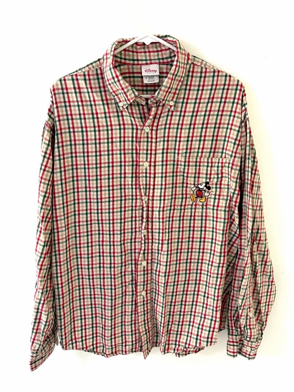 Vintage Disney Store Mickey Mouse Red/Green Plaid Long Sleeve Shirt, Size: XL